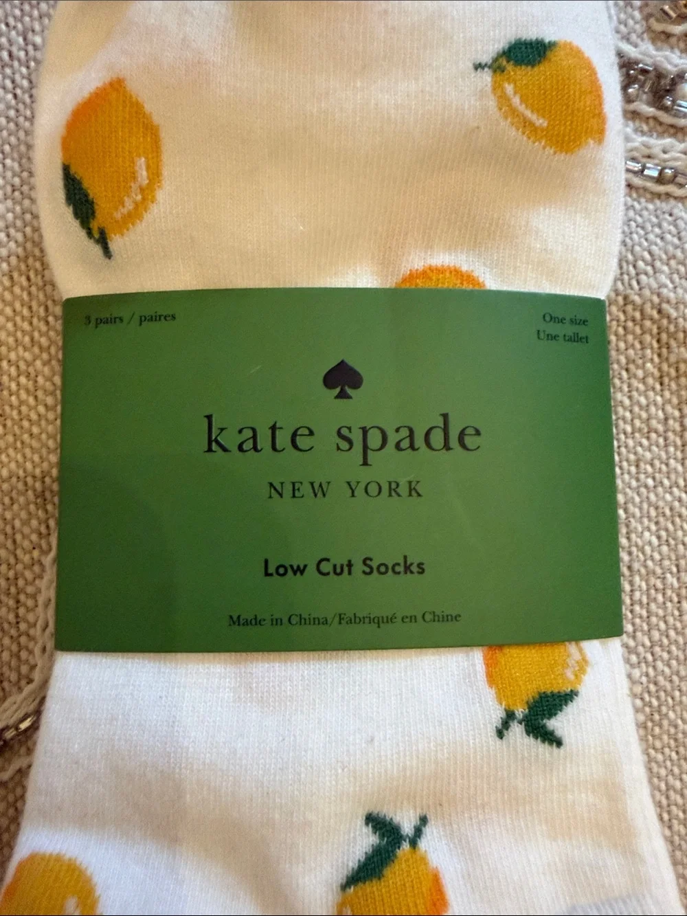 kate spade ankle socks- lemon print , white and gray